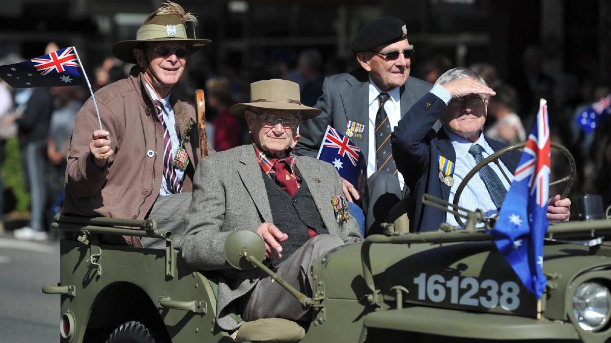 (front, from left) Ed Spry, Trevor Clear, (rear, from left) Ken Lawler, Lachlan Spry (9) and Lionel Callaghan in the Anzac Day march at Wagga. Picture: Michael Frogley
