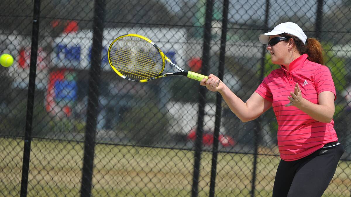 Shareen Bottrell hits a forehand while playing in the Riverina Pennant Tennis at Bolton Park. Picture: Addison Hamilton