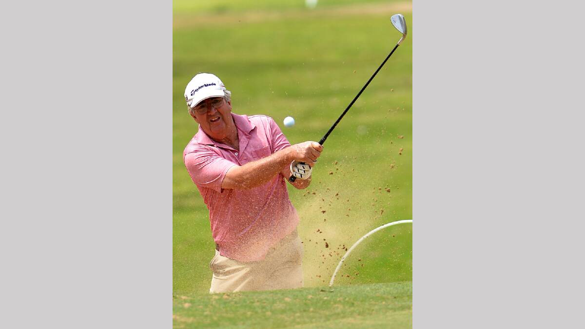 Mike Stevens of Mangoplah hits out of the sand on the second during the Country Club Championships. Picture: Michael Frogley