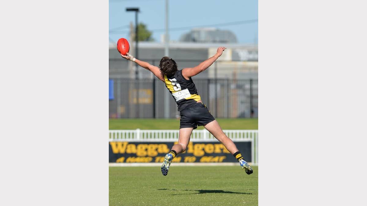 Wagga Tigers' John Anstee stretches out to try and take a mark. Picture: Michael Frogley