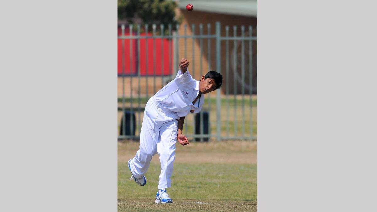 Sachi Bandara sends a delivery down for Lake Albert in junior cricket. Picture: Michael Frogley