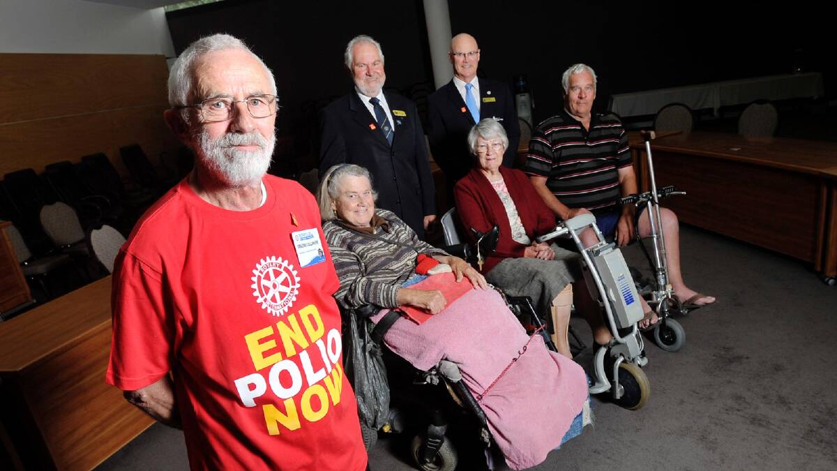 END POLIO NOW: Rotary District 9700 PolioPlus co-ordinator Graeme Callander is encouraging people to join the fight to end polio for World Polio Day. Supporting the cause is (back standing) Mayor Rod Kendall and council general manager Phil Pinyon and polio sufferers (front from left) Jean Magennis, Isabel Thompson and Frank McCormack. 	Picture: Alastair Brook