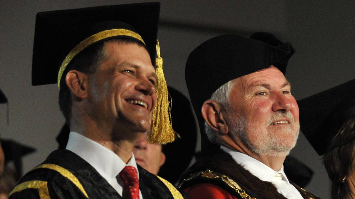 CSU vice chancellor Professor Andrew Vann and Wagga mayor Rod Kendall during a graduation ceremony. Picture: Les Smith 