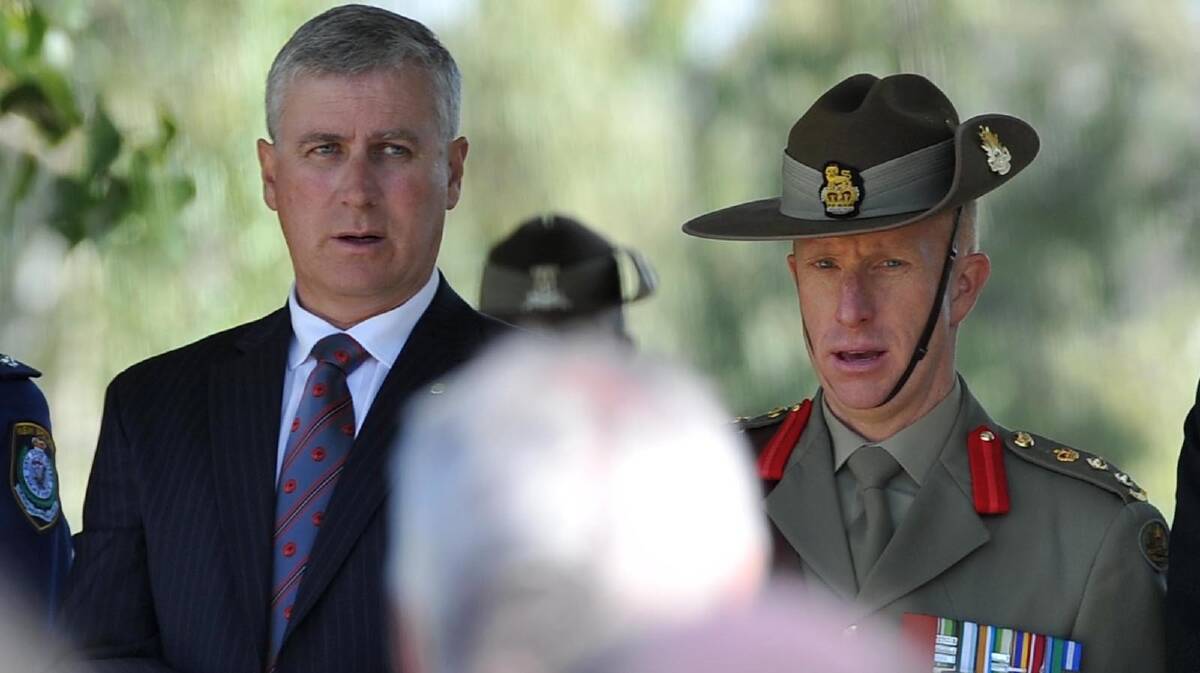 Member for Riverina Michael McCormack and Colonel David Hay during the Anzac Day Commemoration Ceremony in Wagga. Picture: Michael Frogley