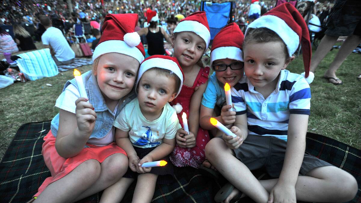 (From left), Maya Pert, 6, Cohen Pert, 2, Charlie Tooze, 6, Jesse Ross, 6, and Oscar Tooze, 6 at the Wagga Christmas Spectacular. Picture: Addison Hamilton