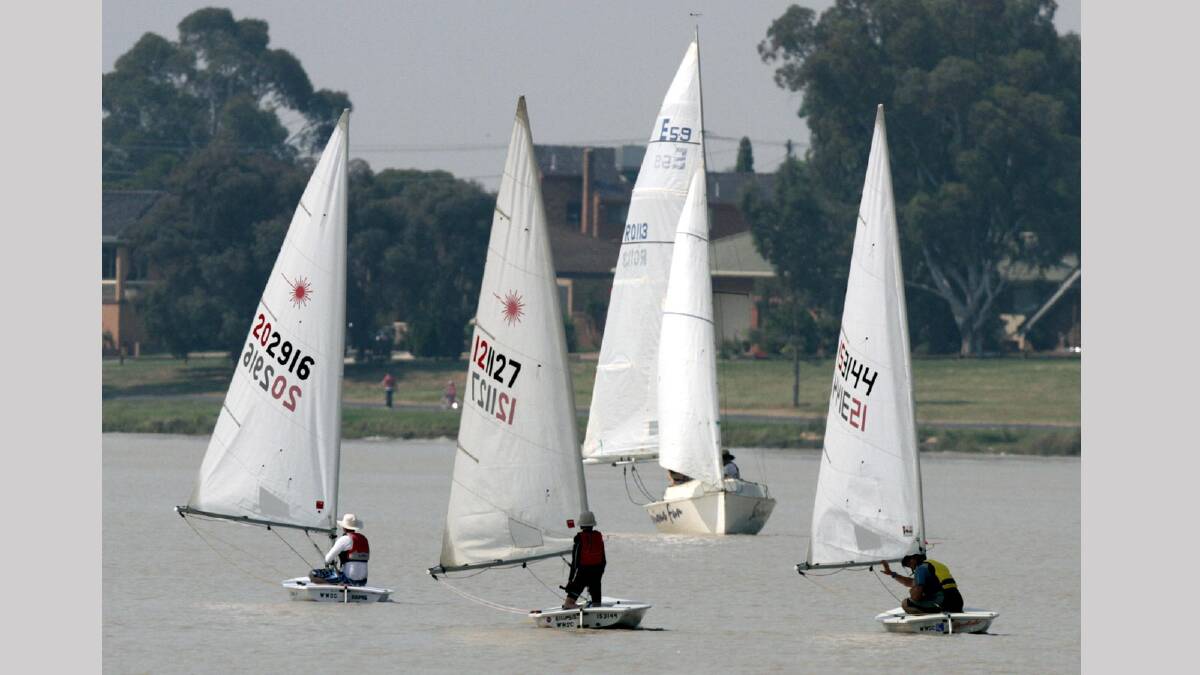 Boats maneuver into starting position on Lake Albert. Picture: Les Smith