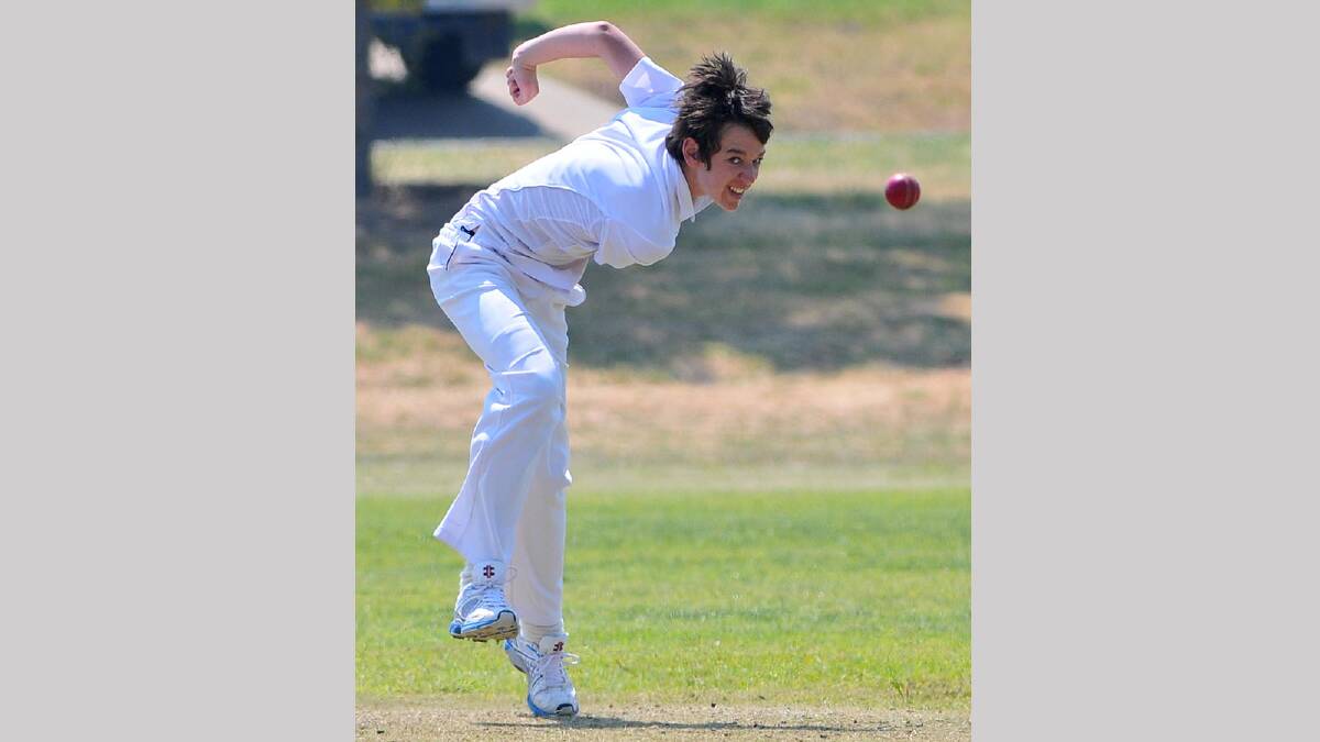 St Michaels Bailey Lloyd sends a delivery down against South Wagga in junior cricket. Picture: Michael Frogley