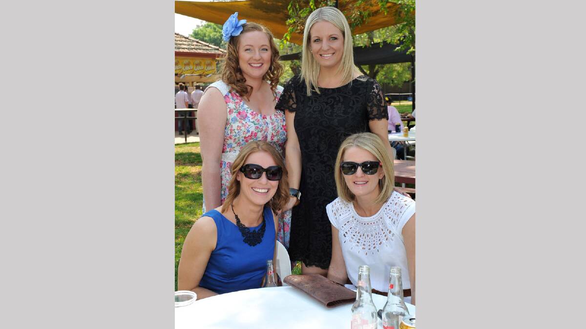 (Back) Erin Langfield, Angela Karpanen, (front) Frances Nixon and Nicole Davey at the Murrumbidgee Turf Club on Men of League Cup day. Picture: Michael Frogley