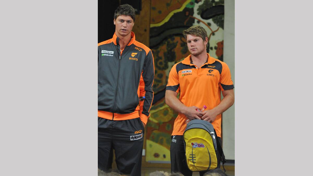 Jonathon Patton and Taylor Adams and at the presentation to Wagga Wagga Public School. Picture: Michael Frogley