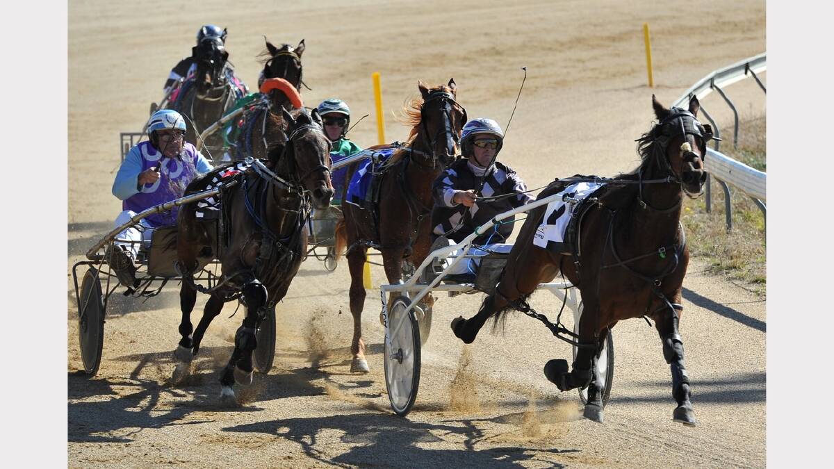 Lettuceriprita driven by Shane Hallcroft on the way to victory in first harness racing race at the duel meeting. Picture: Michael Frogley