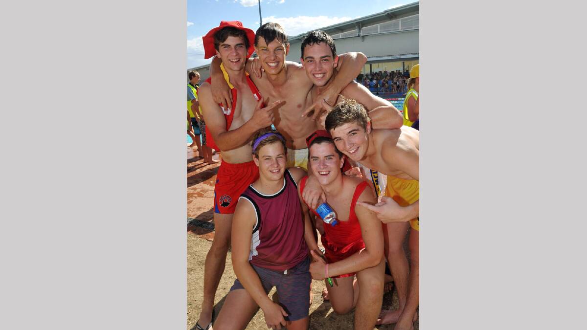 (Back row) Ted Toohey, 17, Isaac Damme, 17, Sam Dean, 17, (front) Joel Tancredi, 17, Levi Slinger, 17, and Connor Huthwaite, 17 at the Mater Dei swimming carnival. 
