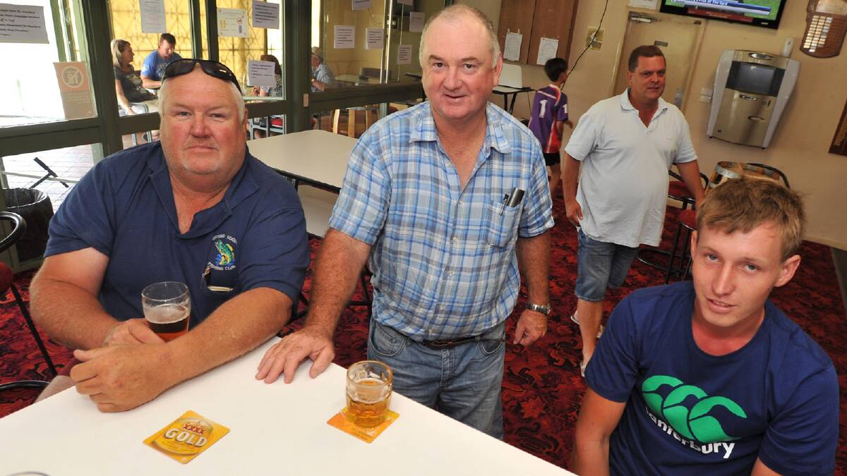 Butch Conway , Des Harris and Liam Pudney at the Ganmain Bowling Club for a fundraiser for Kellie Wall. Picture: Michael Frogley