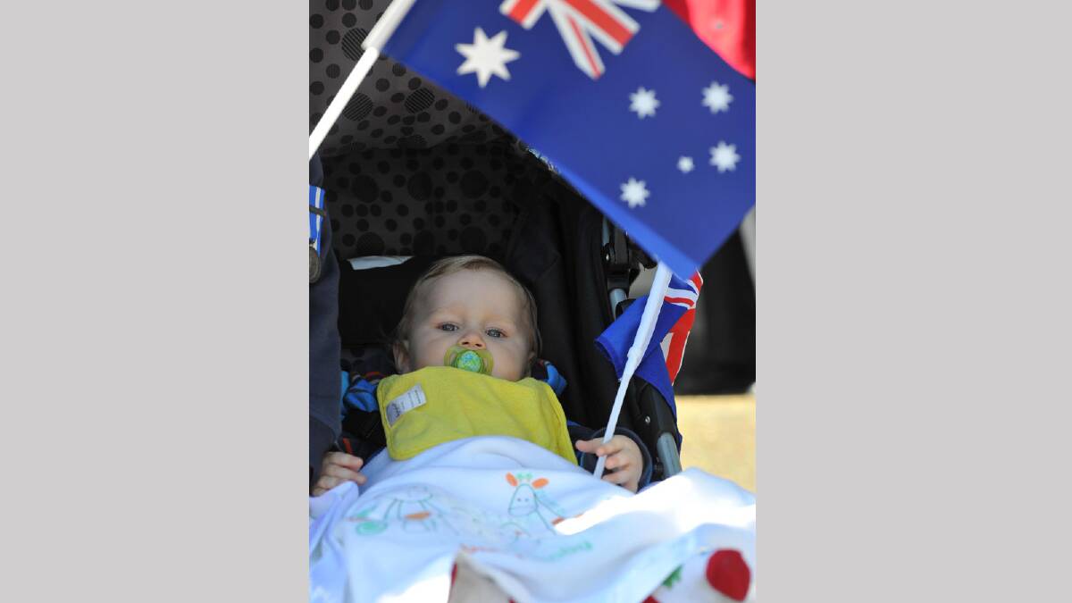 Kalon Brady, 10 months, at theAnzac Day march in Wagga. Picture: Michael Frogley