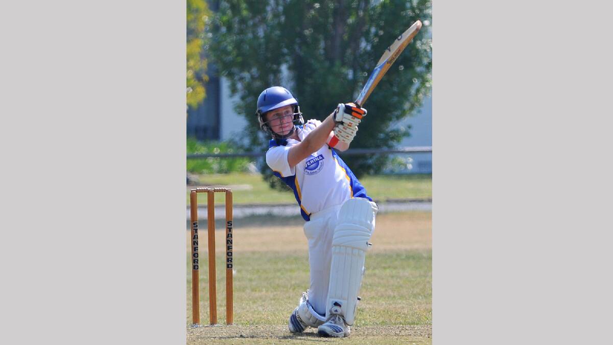 A posed Kooringal batsman Jack McGowan gets one away to the fence against Lake Albert in junior cricket. Picture: Michael Frogley