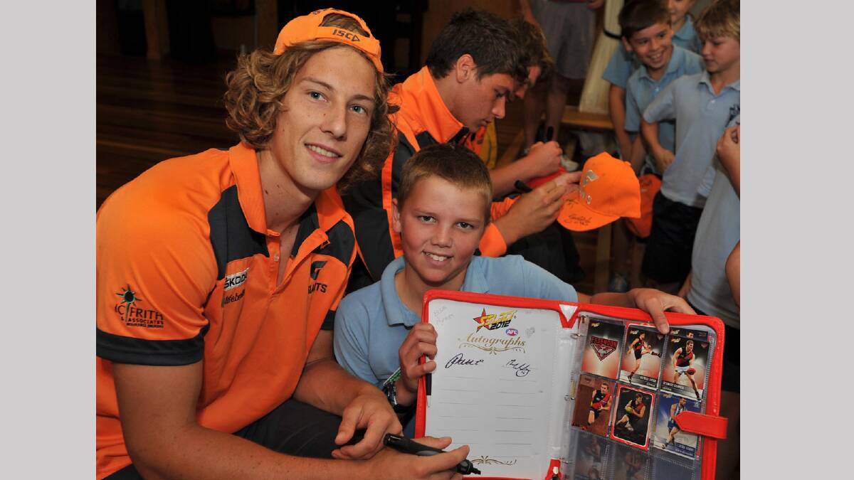 GWS player Mark Whiley meets with Wagga Wagga Public student Blake Byrnes, 11. Picture: Michael Frogley