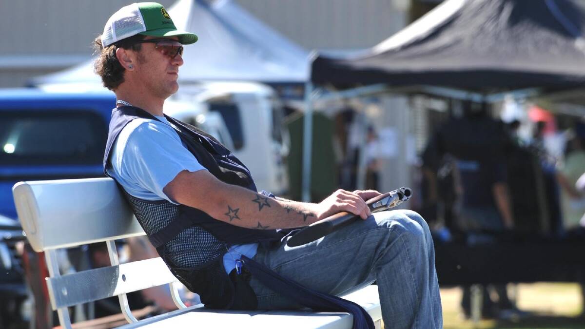 Erik Geltch of Leeton awaits his turn at the NSW Trap Carnival at the National Shooting Ground in Wagga. Picture: Les Smith