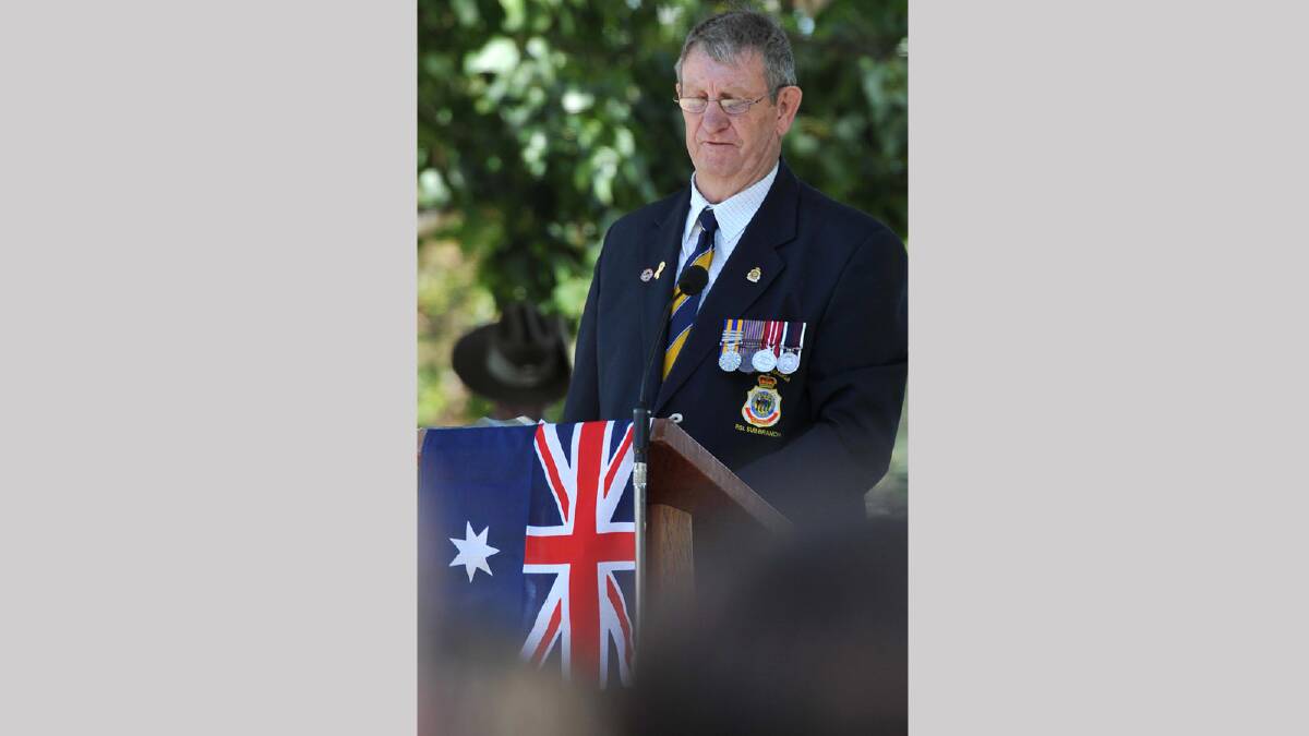 Kevin Kerr the President of the Wagga Wagga RSL Sub-Branch speaking during the Anzac Day Commemoration Ceremony in Wagga. Picture: Michael Frogley