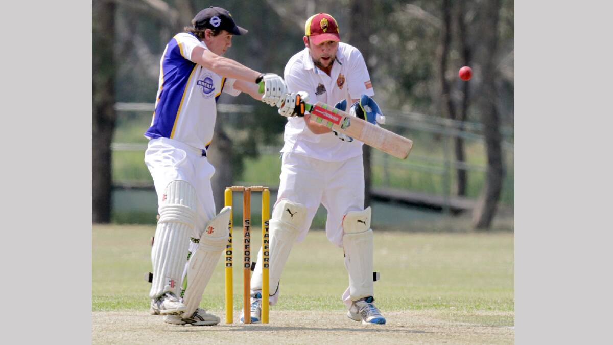 Keenan Hanigan cuts the ball late in front of Lake Albert wicketkeeper Jason Halls. Picture: Les Smith