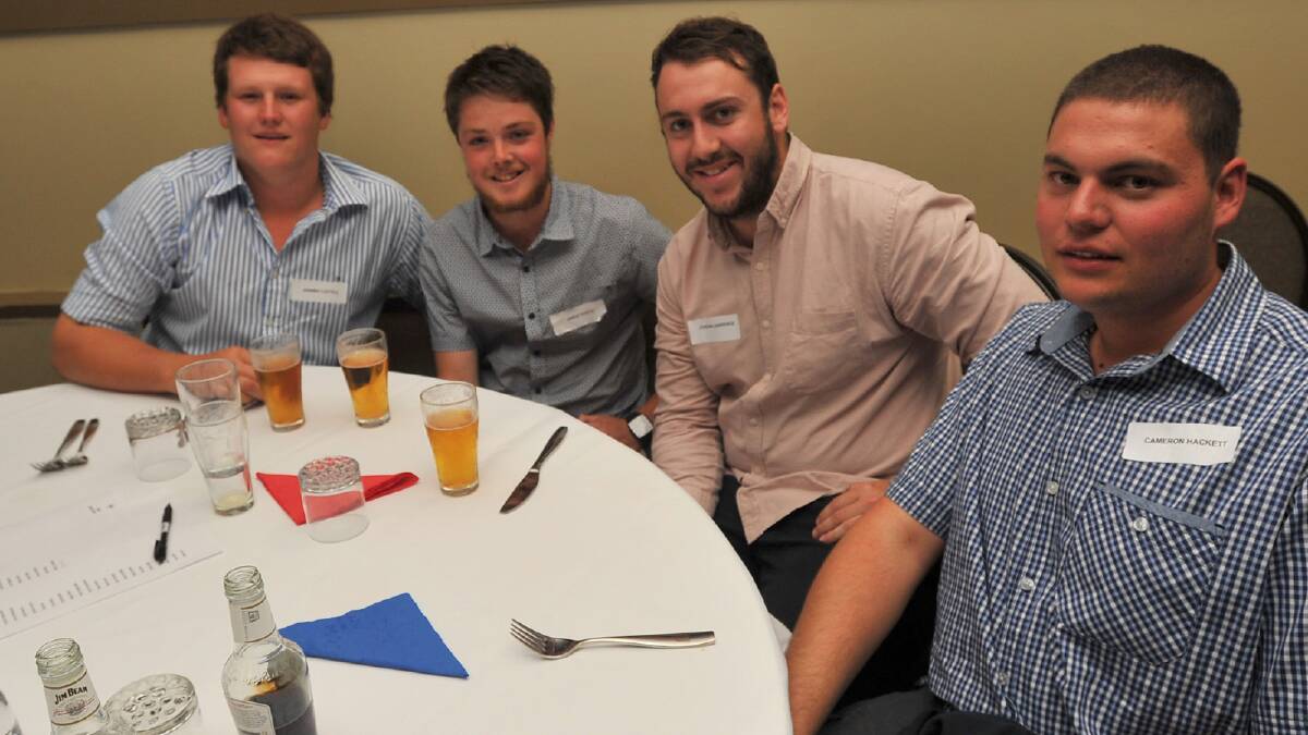 St Michaels current players Johnno Cattell, Jared Koetz, Jordan Lawrence and Cameron Hackett catch up at the club's 50 year anniversary dinner. Picture: Les Smith