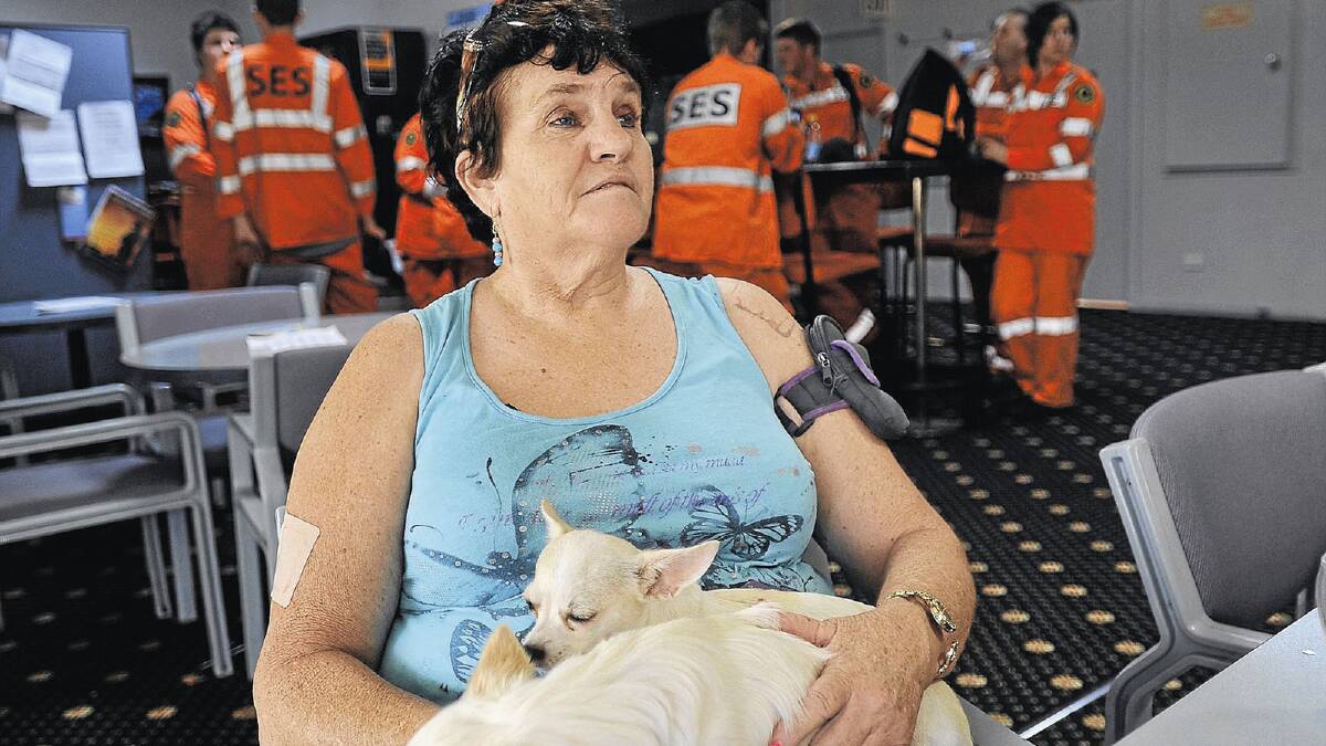 SAFE AND SOUND: Tarcutta resident Helen Reaks finds refuge with her dogs at the Tarcutta RSL Club yesterday.