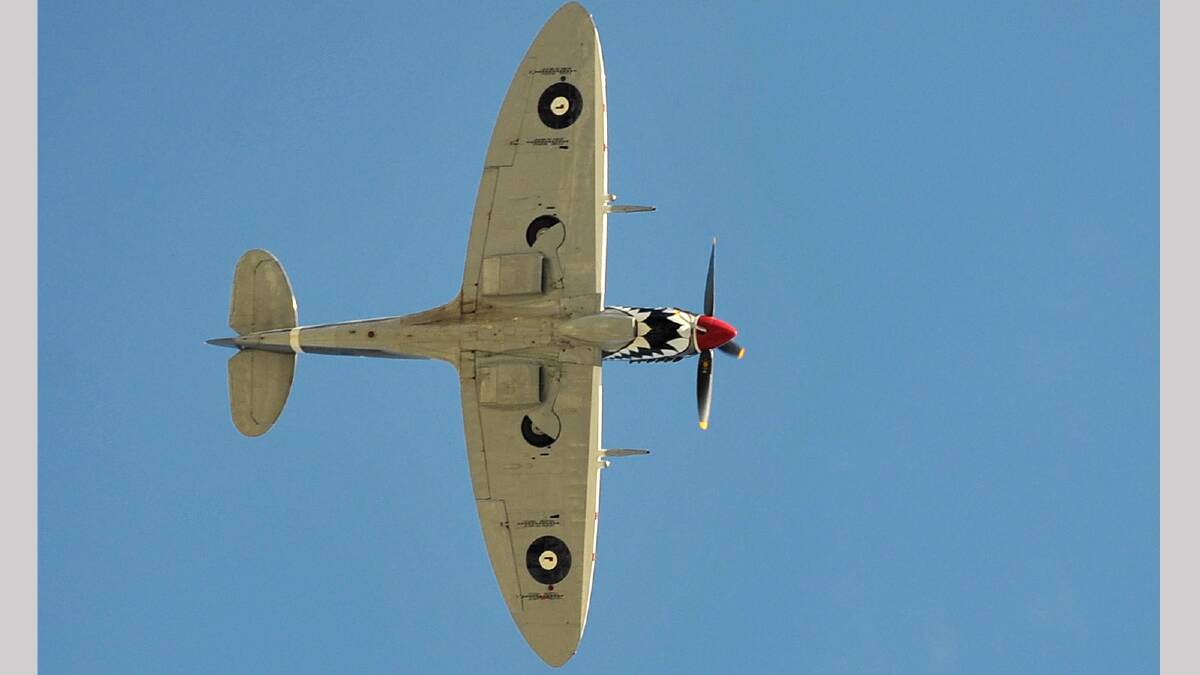 The Spitfire fly-over during the Anzac Day march in Wagga. Picture: Michael Frogley