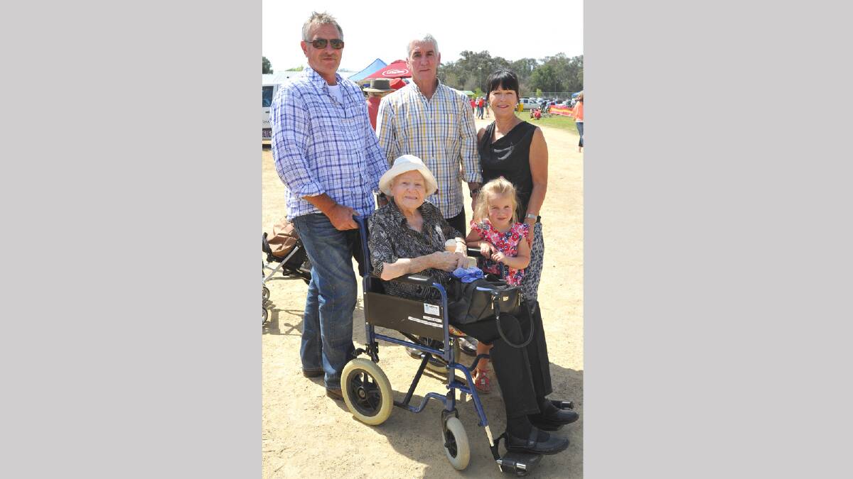 Catching up at the Culcairn Centenary Show are (back) John Pannach, Rob Mackie and Joy Mackie, with (front) Esma Pannach and Remy Miller, 3. Picture: Addison Hamilton
