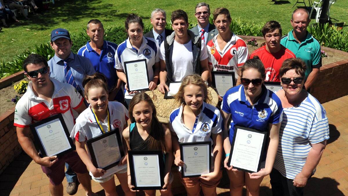 Representing the 11 premiership winning teams at the Parade of Premiers (back from left) Chris Wallace, Weissel Cup, Bill McCrone, Temora rugby, James Durham, Kangaroos first grade, Jordan Barrett, A grade netball, member for Riverina Michael McCormack, Hawks player Luke Breust, mayor Rick Firman, Zac Lomax, 14 years rugby league, Hayden Lomax 15 years Dragons, Brian Johnston, coach Northern Jets under 15s, (front) Nikola Henman under 16s leaguetag, Sharni McLean, under 13s Northern Jets netball, Hayley Krause, B grade netball, Beth New, under 15s netball and Judy Gilchrist, secretary Temora Sports Council. Picture: Les Smith