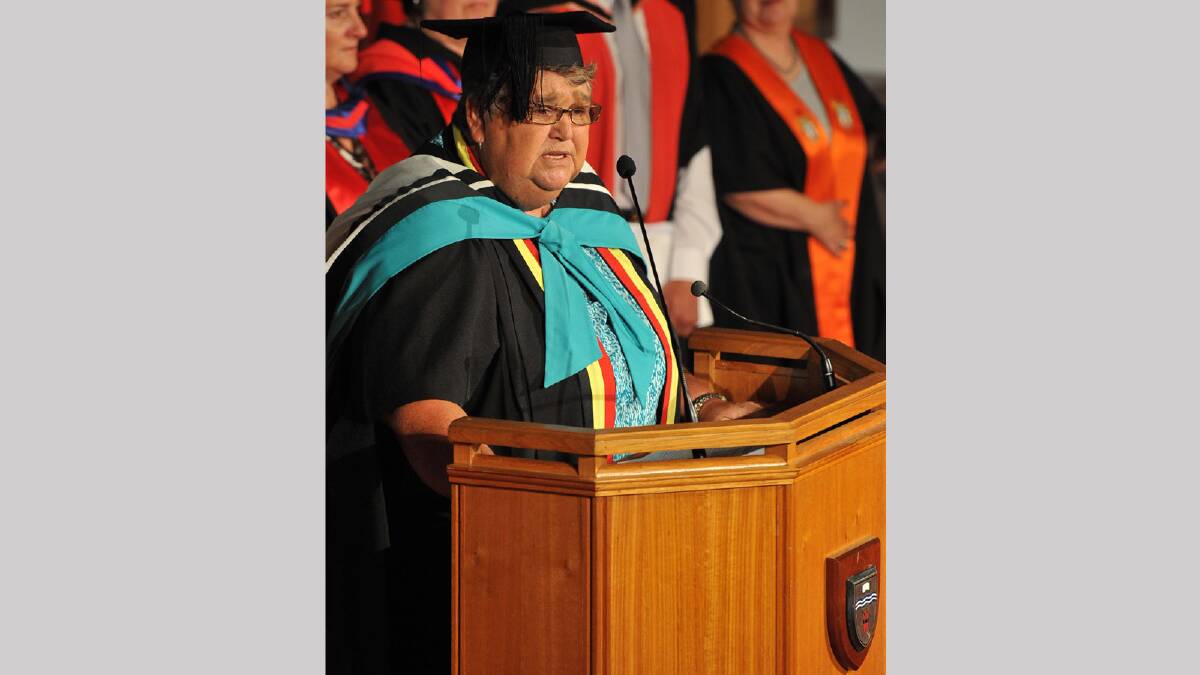 Gail Clark gives the welcome to country address at CSU Graduations at Joyes Hall. Picture: Michael Frogley 