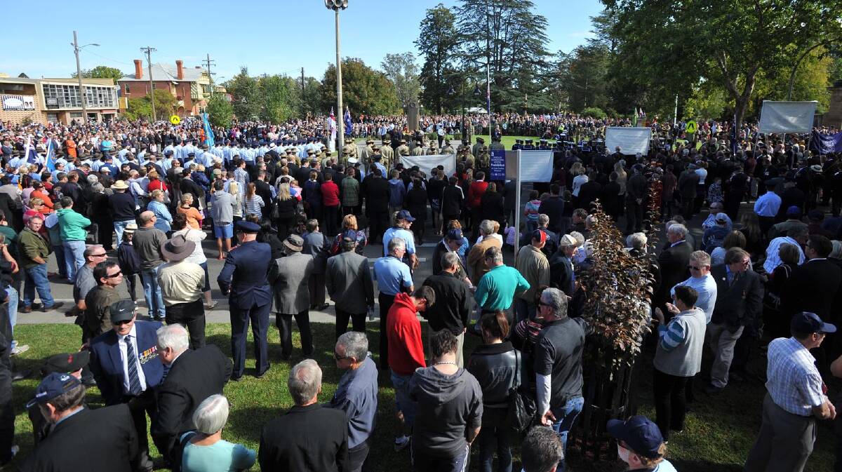 The crowd at the Anzac Day march in Wagga. Picture: Michael Frogley