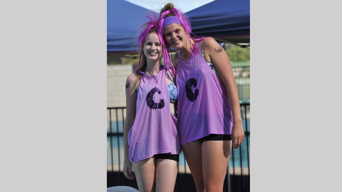 Brooke Lawrence, 17, and Alison Bedford, 17, showing off their school spirit at the Mater Dei swimming carnival. Picture: Michael Frogley