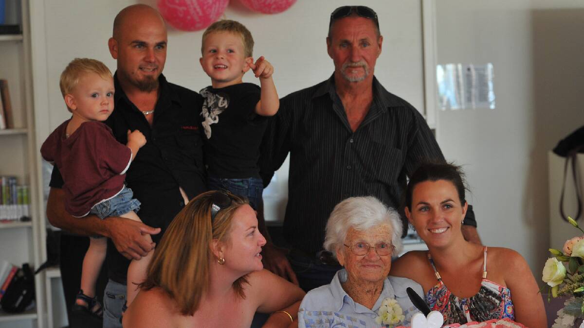 Celebrating Jean Davey's 90th birthday are (back row) Dale Wilson holding Jayden Wilson, 2, and Caleb Wilson, 4, and Wayne Wilson with (front) Amy Wilson, Jean Davey and Lisa Wilson. Picture: Addison Hamilton