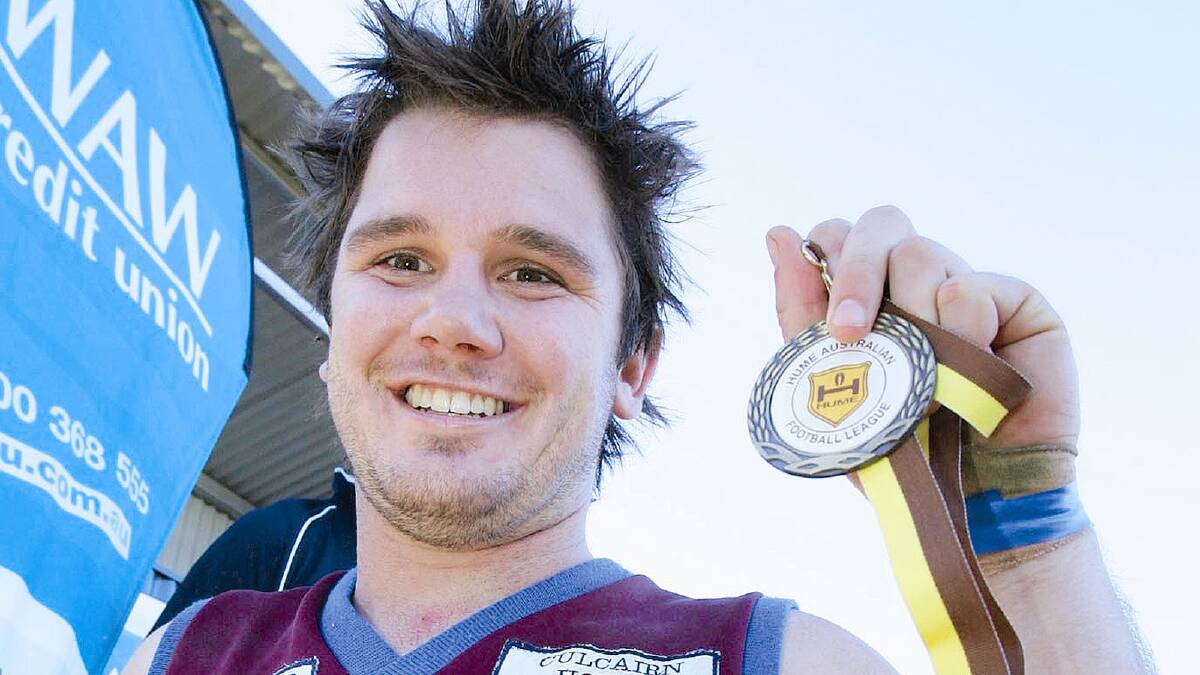 SIGNING COUP: Culcairn premiership player Jayden Kotzur has signed with Ganmain-Grong Grong-Matong as the Lions’ new captain-coach. Kotzur is pictured accepting his best-on-ground medal for Culcairn in its 2007 grand final victory.
