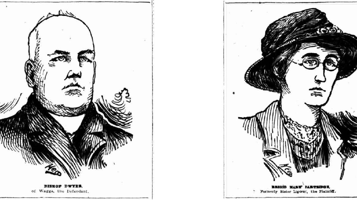 Court sketches show Bishop Dwyer and Bridget Partridge at the trial of Bishop Dwyer when Bridget attempted to sue him. Picture: Trove