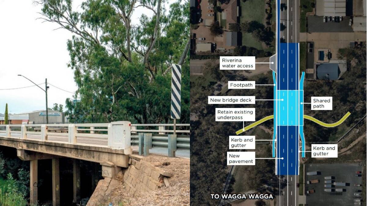 The proposed replacement of the Marshalls Creek bridge (left) will see the two-lane crossing widened to four lanes with pedestrian access on either side. Picture: Transport for NSW