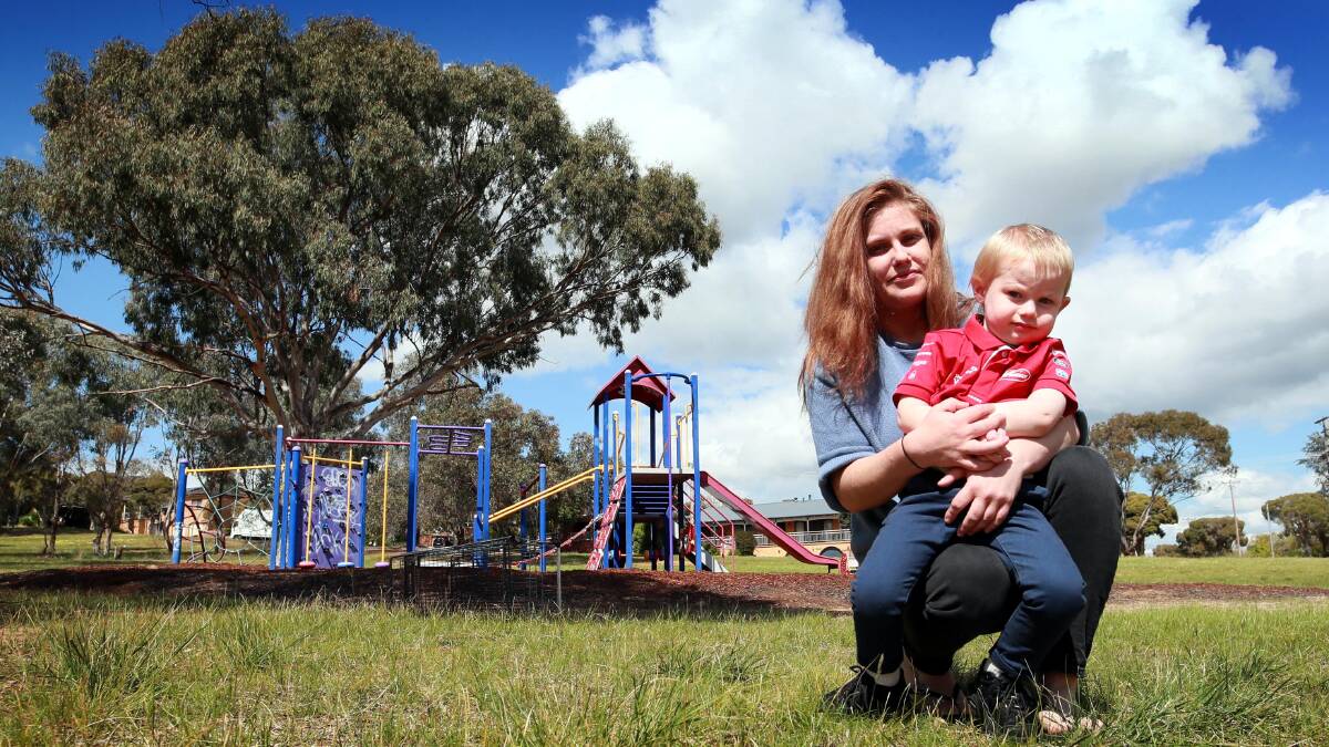 CLOSE SHAVE: Mum Kyra Appleby had a near-miss at a Tolland playground with her son Bronson Hayes-Appleby after failing to spot a venomous brown snake hiding in the grass. Picture: Les Smith