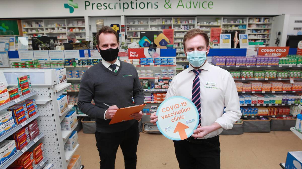 THIRD OPTION: Moderna doses are set to hit pharmacy shelves in the next week at Southcity Pharmacy where Luke Van der Rijt (L) and Thomas Adamson are gearing up for a busy period ahead. Picture: Les Smith