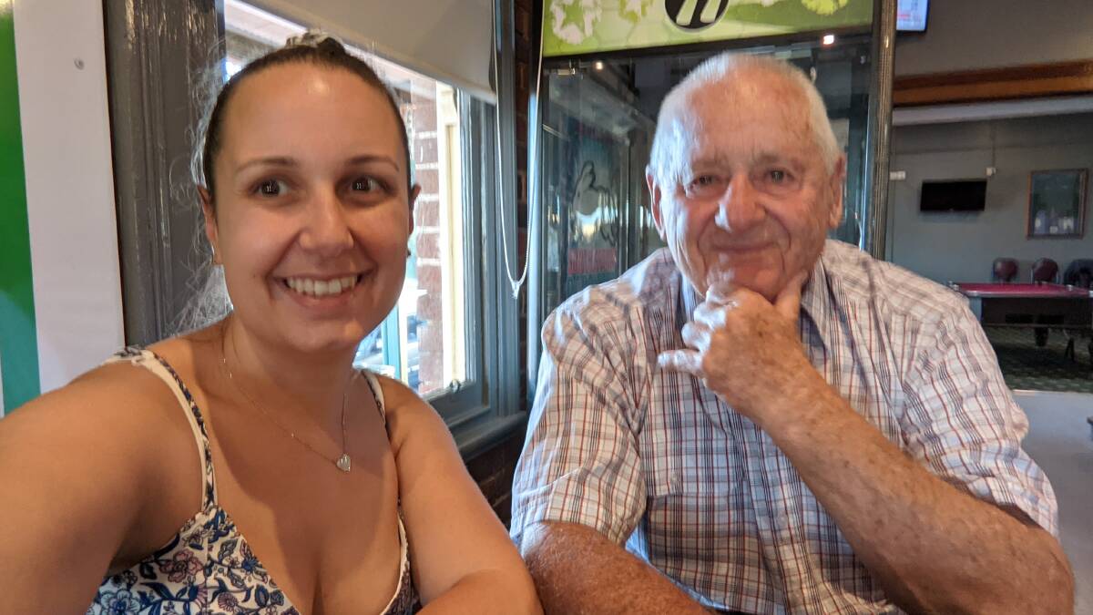 HOME: Bianca Vitale with her grandfather Frank Goldsmith at the Coolamon pub ahead of buying her first home in Tatton. Picture: Supplied