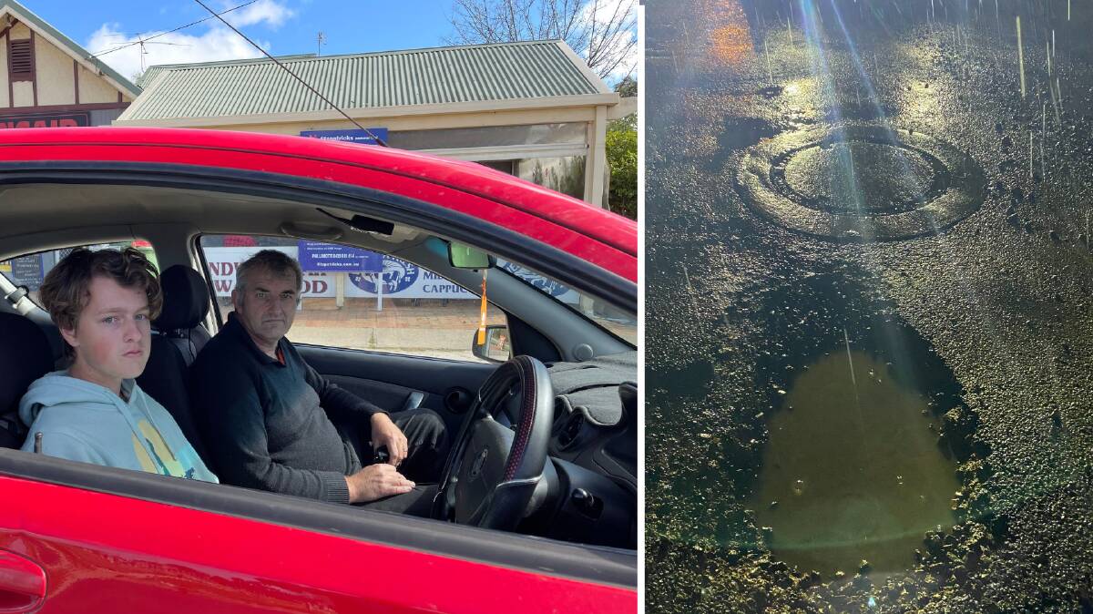 HAZARD: Learner driver Brodie Mackintosh and his father Rodney Mackintosh are calling for more efficient maintenance of Wagga's roads. Picture: Penny Burfitt