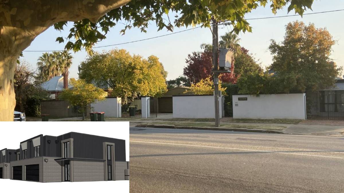 (Inset) The design for eight townhouses proposed for the 114 Trail Street lot. Picture: Wagga City Council