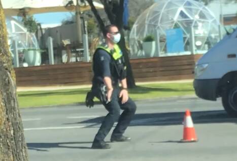 First Constable Harley Trickey of Victoria Police doing his Shakira style dance moves in Yarrawonga. 