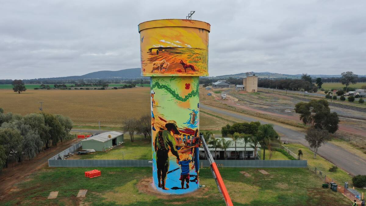 COMPLETED: The Yerong Creek water tower mural is finished after planning started about two years ago. Picture: supplied by John Holstein