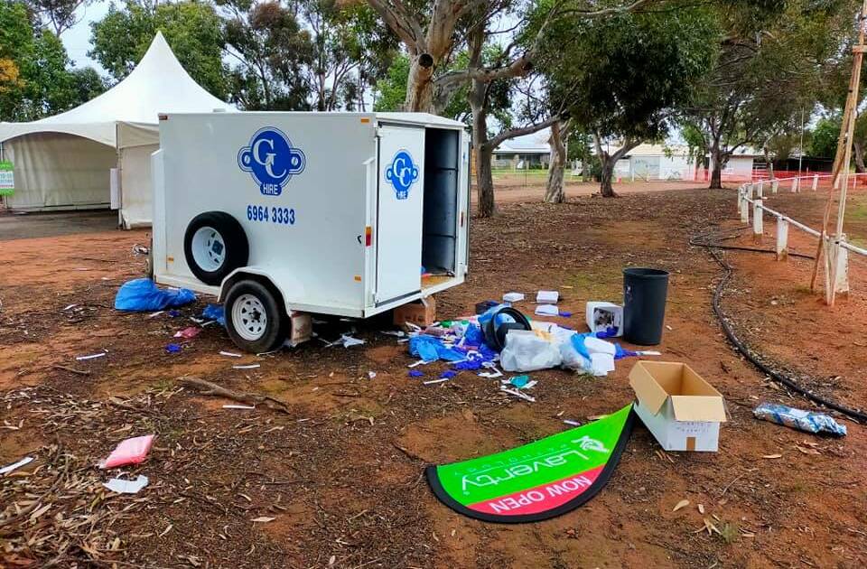 TRASHED: The drive-through COVID-19 testing clinic at Griffith Showground was torn into and ransacked on Monday night. PHOTO: Contributed