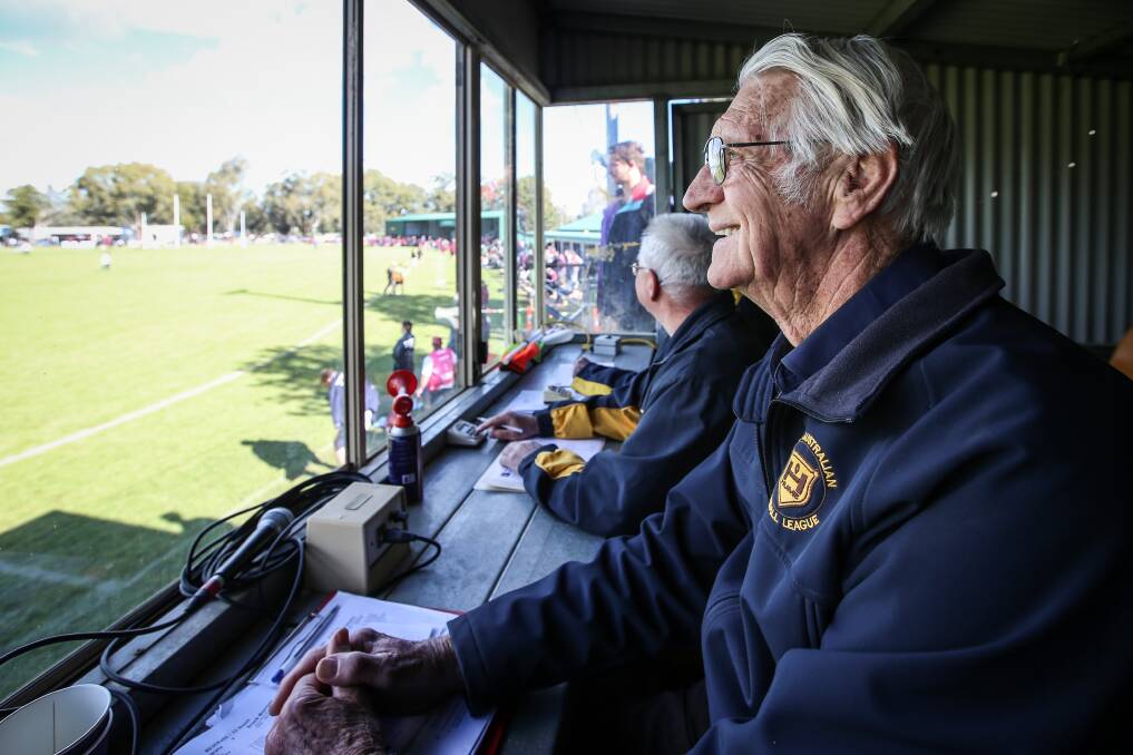 Merv Wegener in the timekeeper's box for Hume League finals at Walbundrie. Picture by James Wiltshire