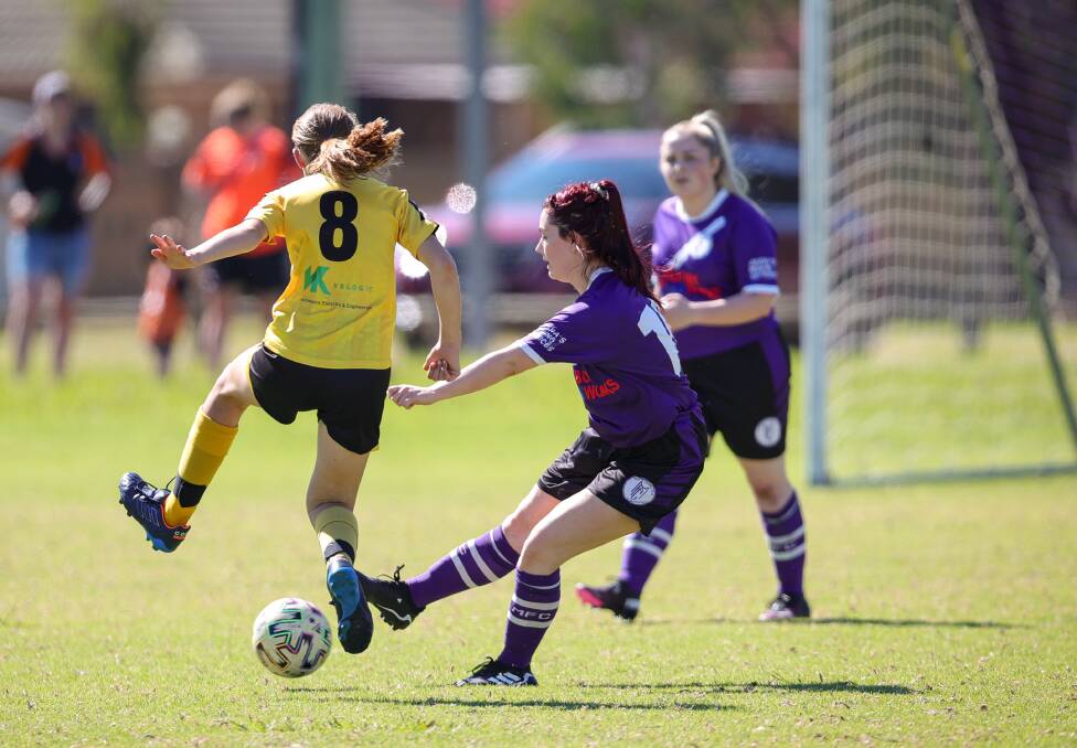 Michele Bent gets her foot in against Albury Hotspurs. The sides meet again this weekend. Picture: JAMES WILTSHIRE