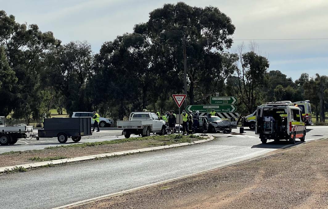 The scene of the crash at the intersection of the Olympic and Sturt highways at Moorong. Pictures: Rex Martinich
