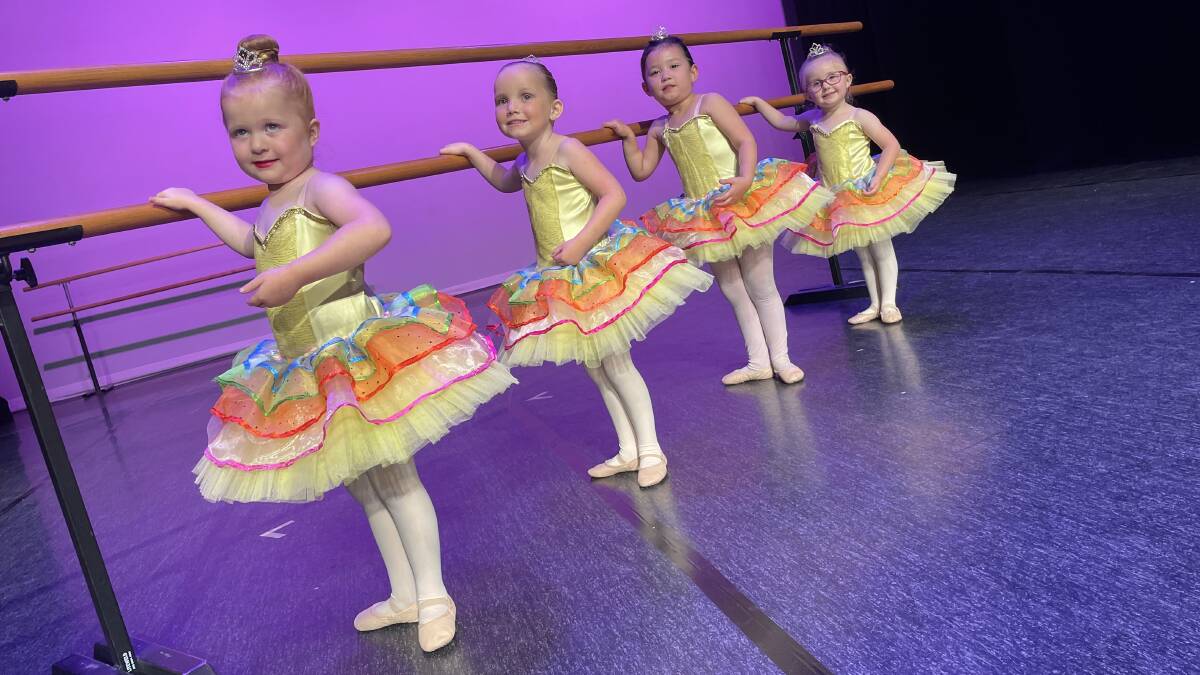 Pre-primary ballet dancers Evelyn Johnston, four, Charlie Davies, five, Ruby Miles, four, and Peyton Kornacki, four. Picture: Emily Wind