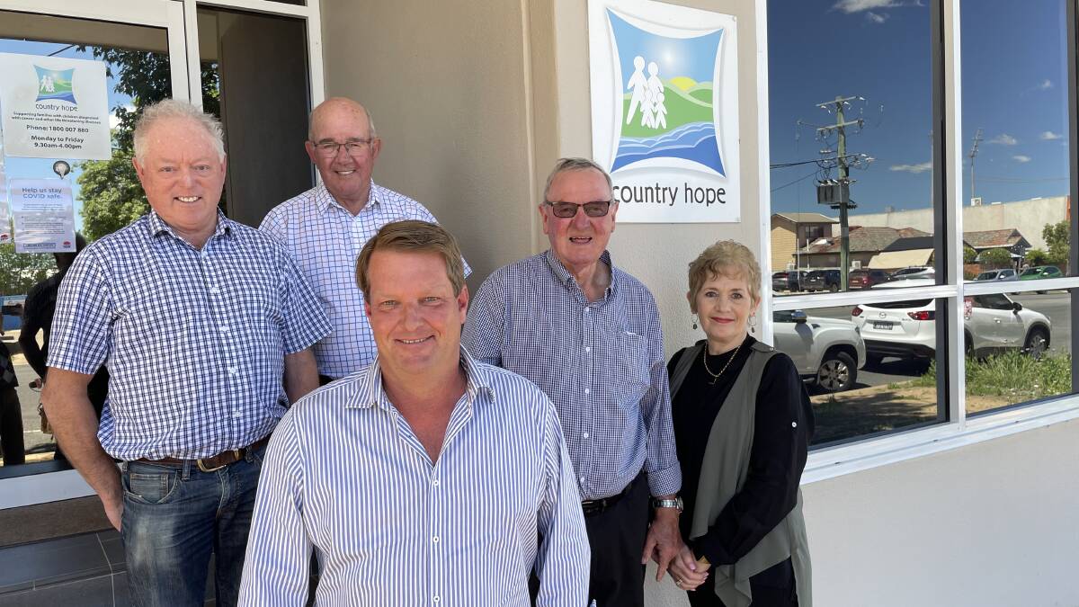 Wagga businessman Richard Allsopp (front) with (back row) Country Hope's chairman Kerry Flinn, former chair and patron John Studdert, founding member and patron Rod Dunlop and general manager Ellie Webb. Picture: Emily Wind