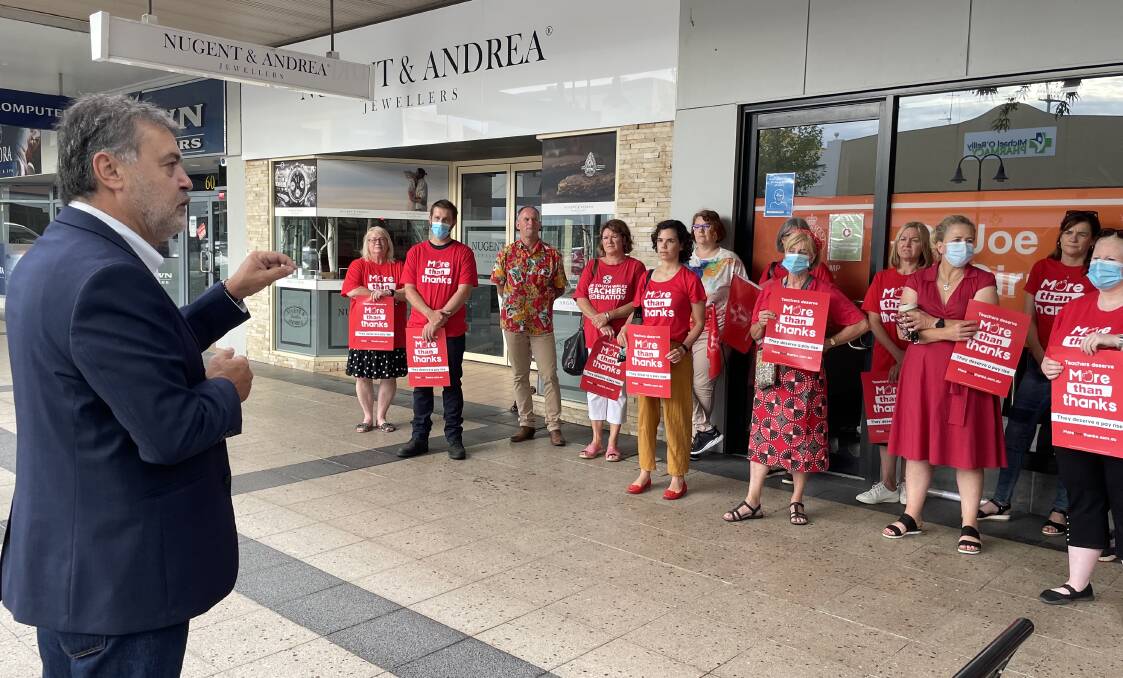 NSW Teachers Federation president Angelo Gavrielatos speaking to the crowd at Wagga's rally. Picture: Emily Wind