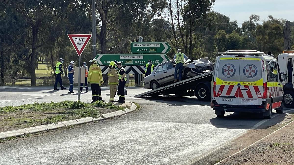 The scene of the crash at the intersection of the Olympic and Sturt highways at Moorong. Picture: Rex Martinich