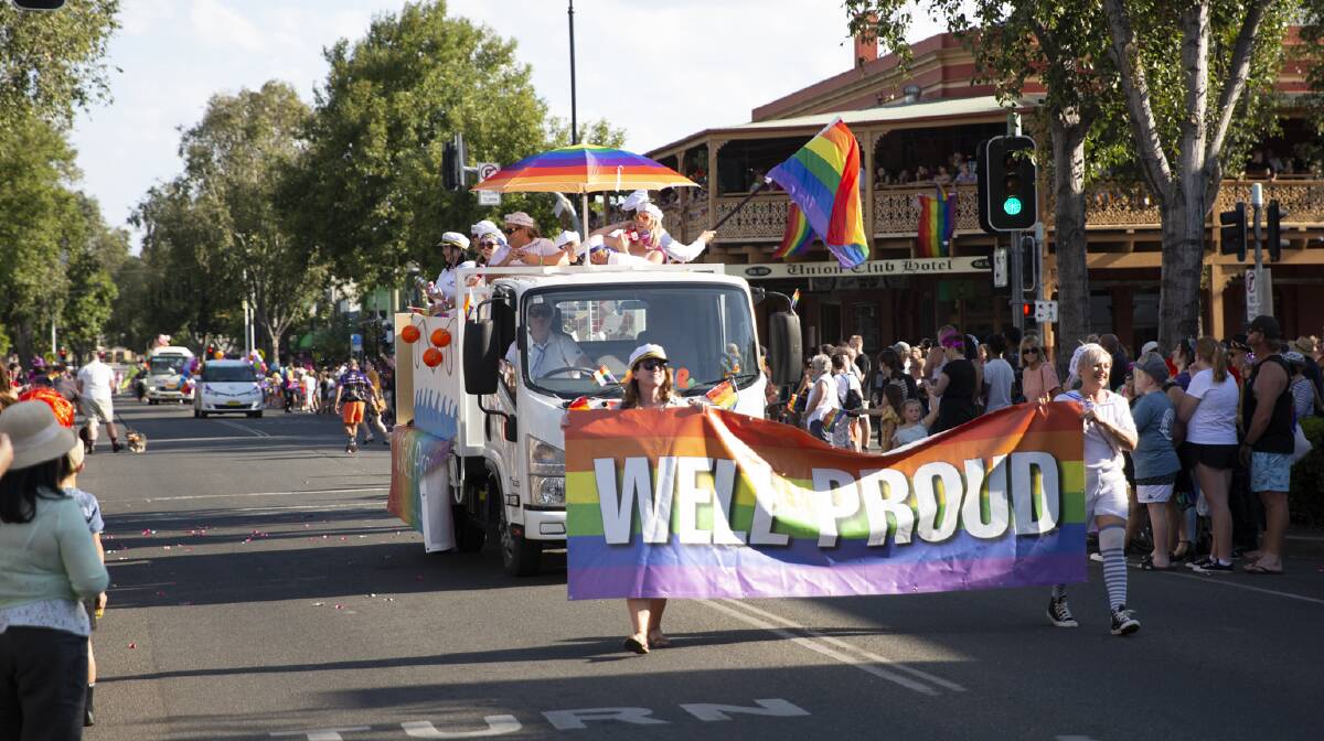 Baylis Street became a rainbow of colours as Wagga's annual Mardi Gras parade took off on Saturday. Picture: Madeline Begley